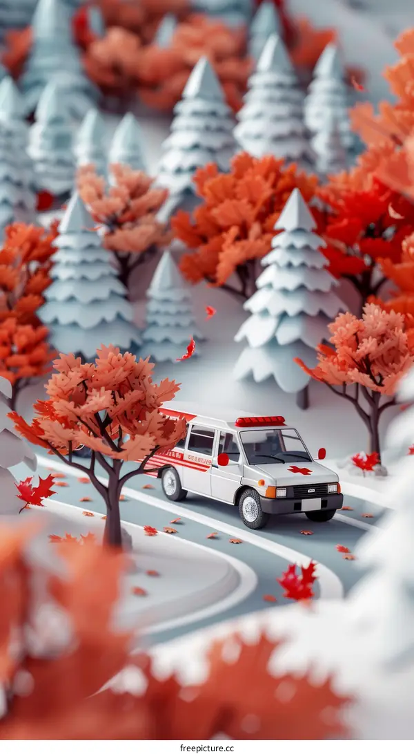 Red maple forest road with white ambulance car