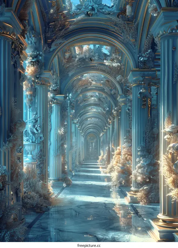 Marble Palace in Underwater World with Columns and Statues