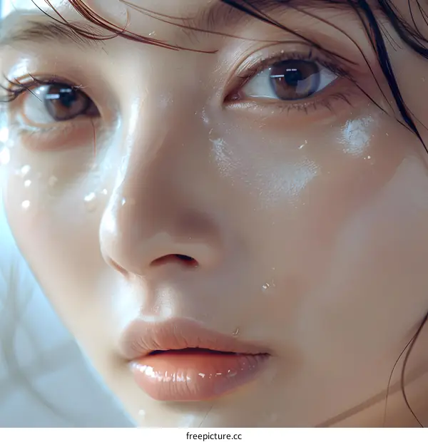 Close-up portrait of a young woman with wet face