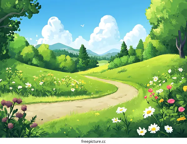 Winding Path Through Green Meadow and Forest