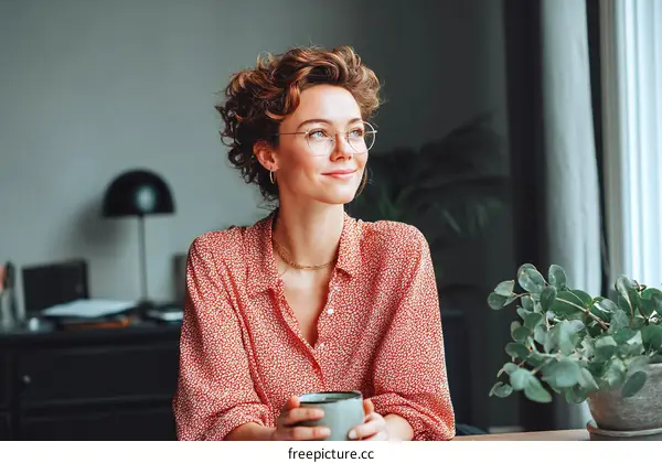 Thoughtful Woman with a Cup of Coffee in a Home Office