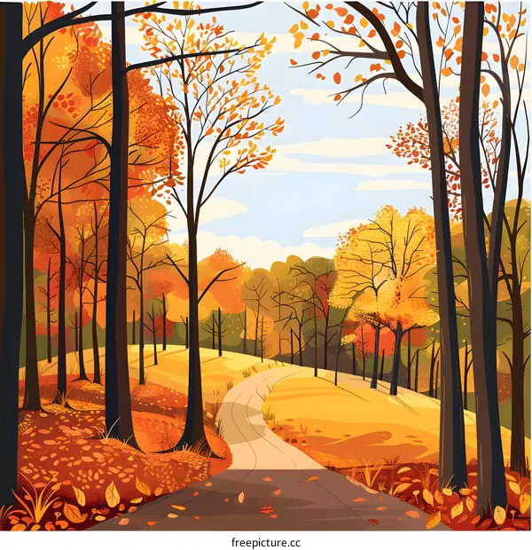 Autumn Forest Path With Yellow And Red Leaves