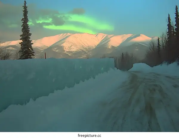 Northern Lights Over Snowy Mountain Range