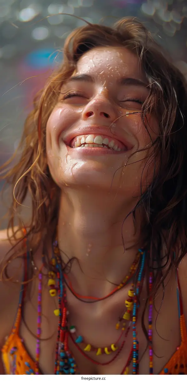 Portrait of a woman with wet hair and a beaded necklace