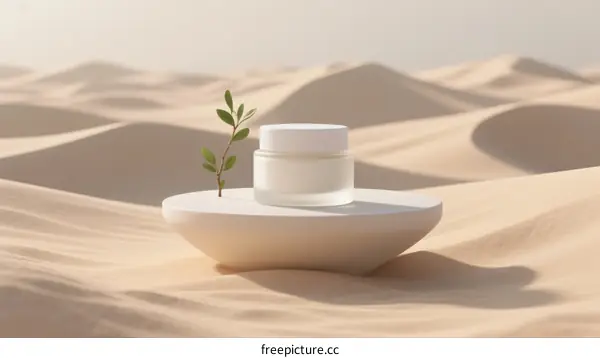 Organic Skincare Jar with Green Plant in Desert Sand Setting