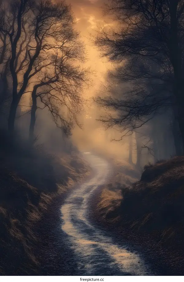 Misty Forest Path with Golden Light