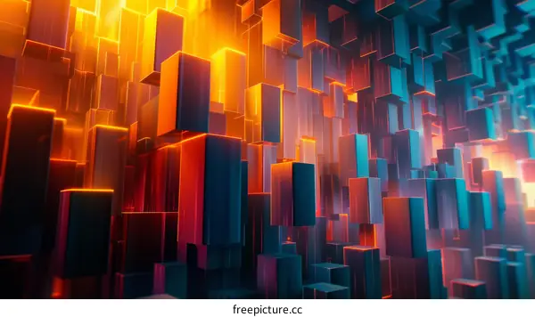 Abstract 3D cityscape rendering with vibrant neon lights