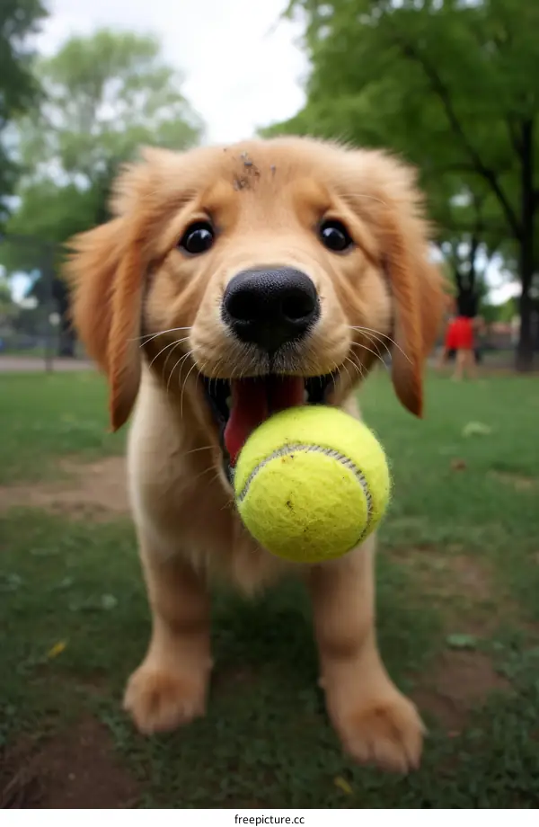 Adorable Golden Retriever Puppy Playing with a Tennis Ball
