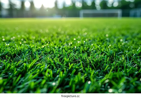 Close-up of green artificial grass texture with blurred soccer field background