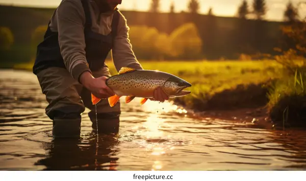 Fly fishing in the river at sunset