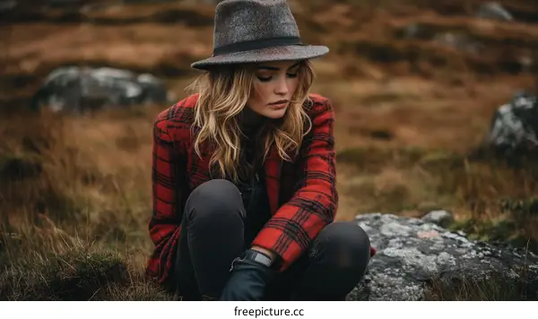 Woman Outdoors in Plaid Jacket and Hat
