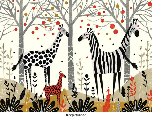 Giraffe and Zebra Family Illustration in the Forest
