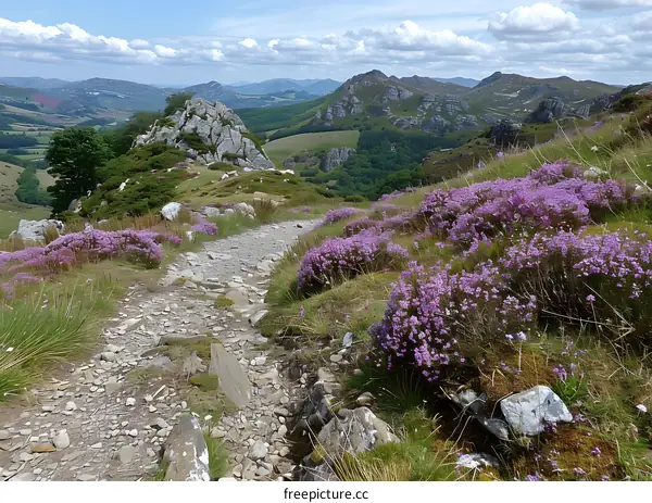 Rocky path through purple heather moorland