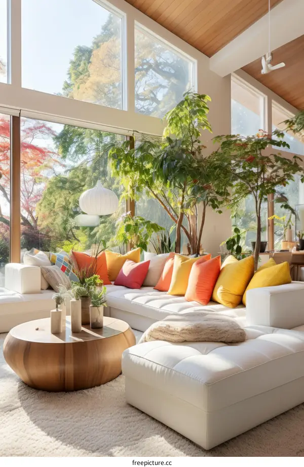 A bright and airy living room with a large windows and a comfortable sofa