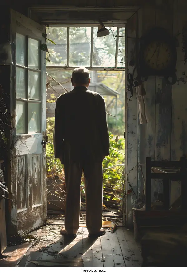 An old man standing in a doorway looking out at the overgrown garden