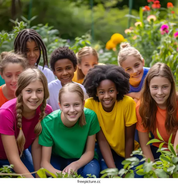 A group of diverse children are posing for a photo in a garden.