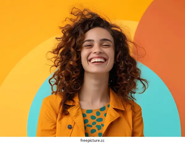 Portrait of a Woman with Curly Red Hair Smiling in Front of a Colorful Background