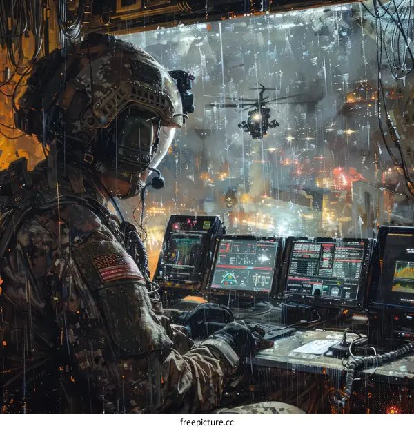 Soldier in a control room looking at a futuristic battlefield