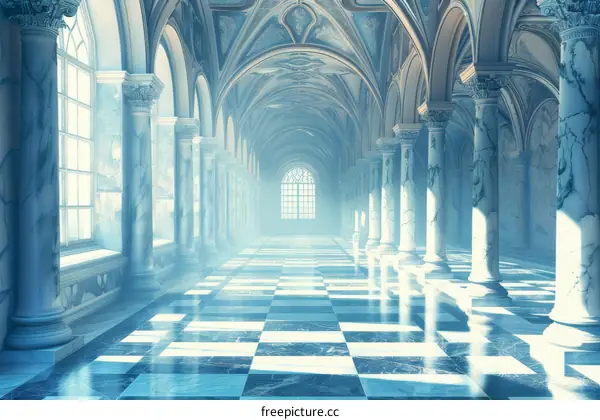 Luxurious Blue Palace Interior with Checkered Marble Floor