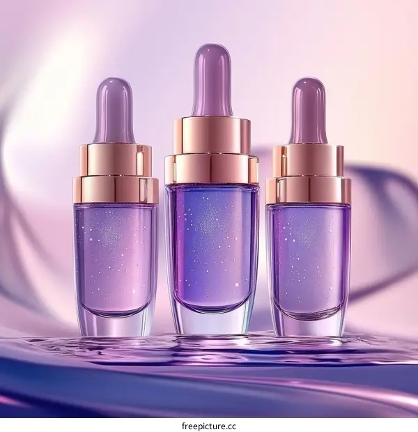Purple Cosmetic Dropper Bottles on Liquid Surface