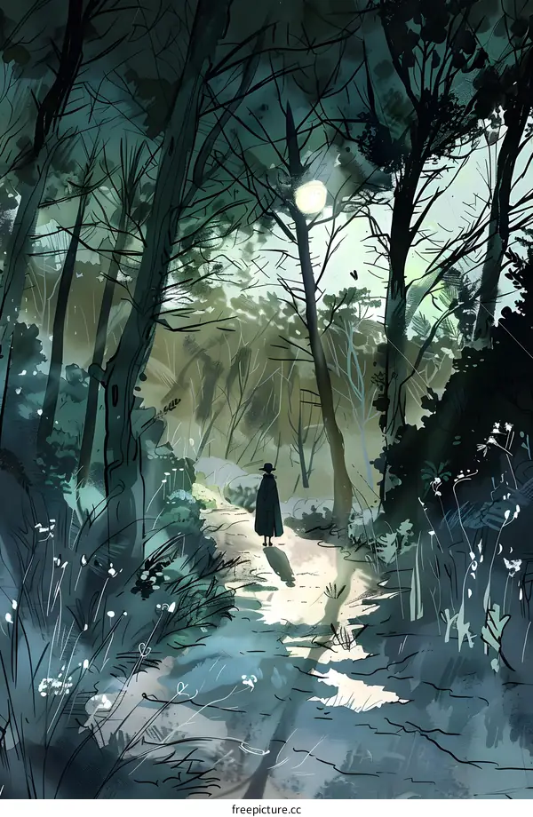 A Person Walking Through a Forest Path With a Bright Light Shining Through the Trees