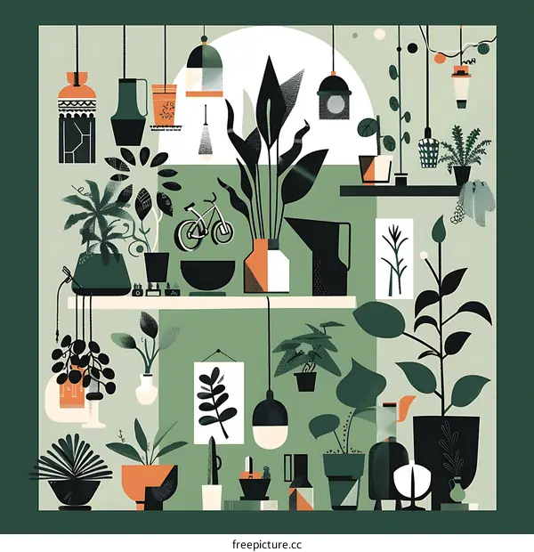Green Indoor Plant Illustration with Hanging Lights