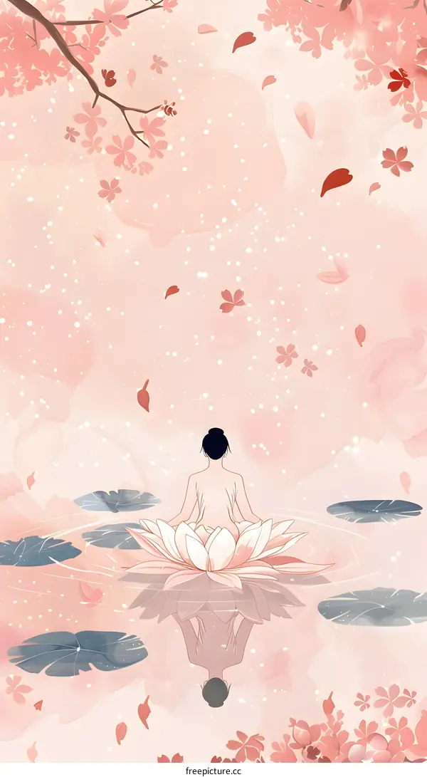 Woman Sitting on Lotus Flower in a Pond with Pink Cherry Blossoms Falling