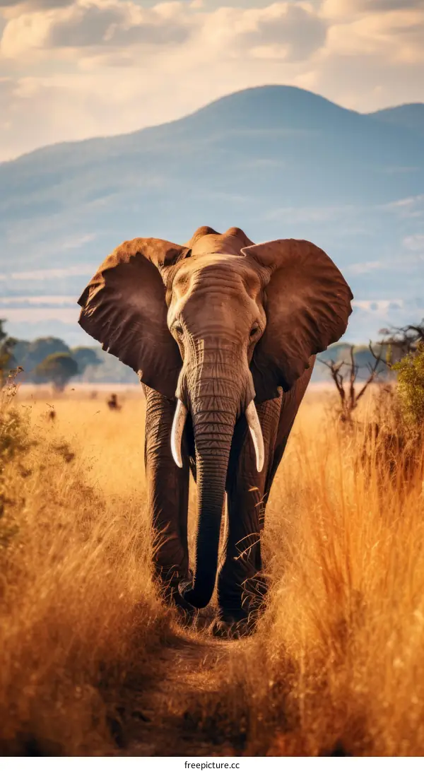 Elephant Walking through the Grass on the Savanna