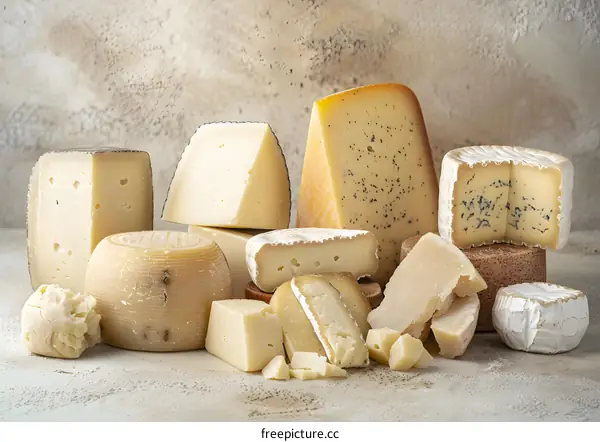 Assortment of Different Types of Cheese on a Light Beige Background