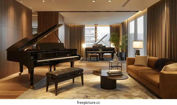 A living room with two pianos