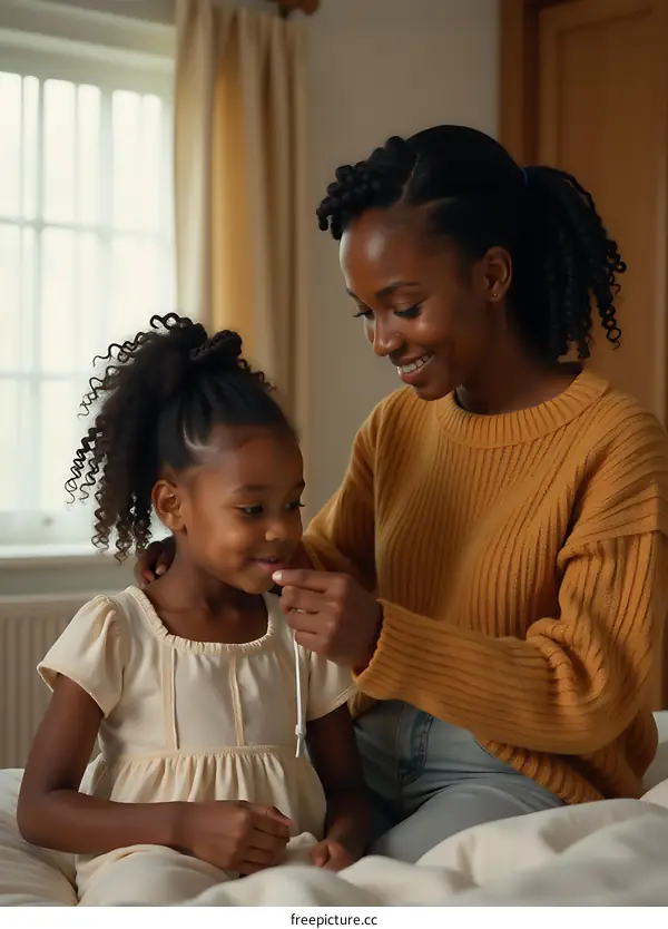 A black mother and her daughter are laughing together in a bedroom