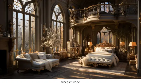 Ornate bedroom with large windows and a balcony
