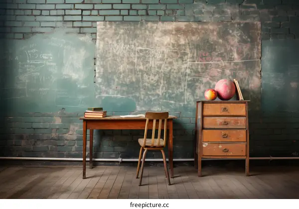 Vintage Schoolroom Interior with Blackboard, Table, and Chair