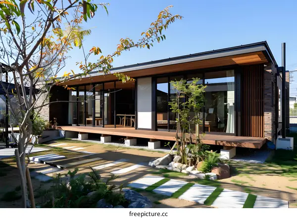 Modern Japanese House With Wooden Deck And Green Garden