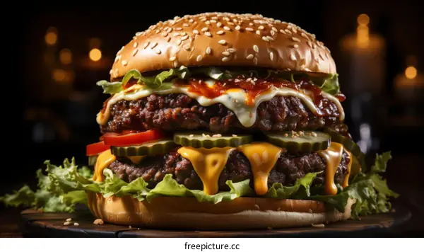 yummy double cheeseburger with pickles closeup