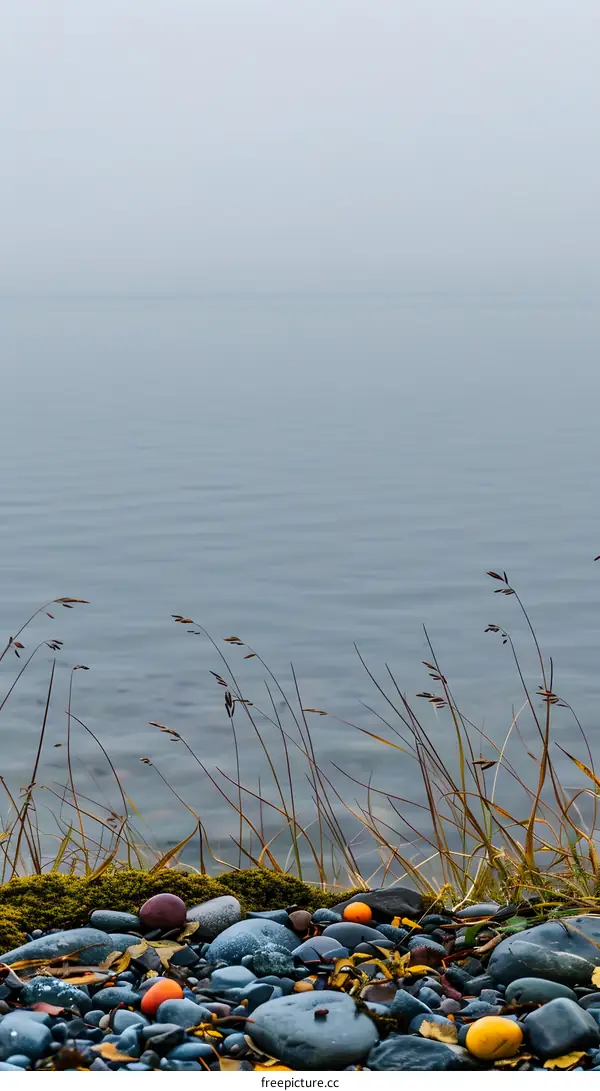 Foggy Lake Shore with Stones and Grass