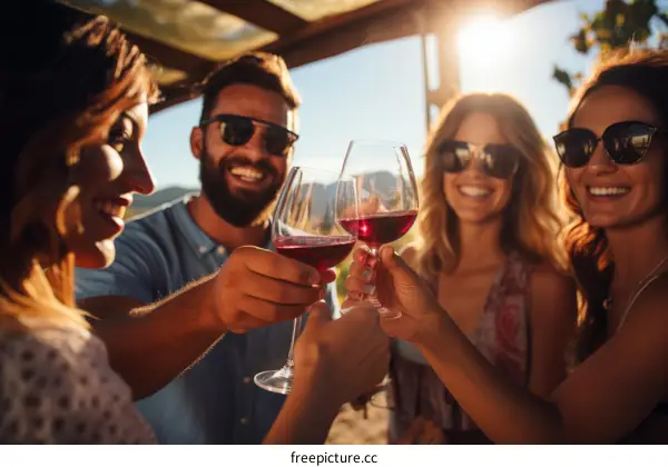 Four friends toasting with glasses of red wine outdoors