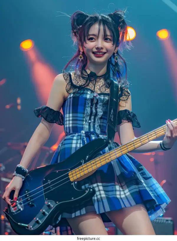 Japanese female bassist Risa Honma playing bass guitar on stage