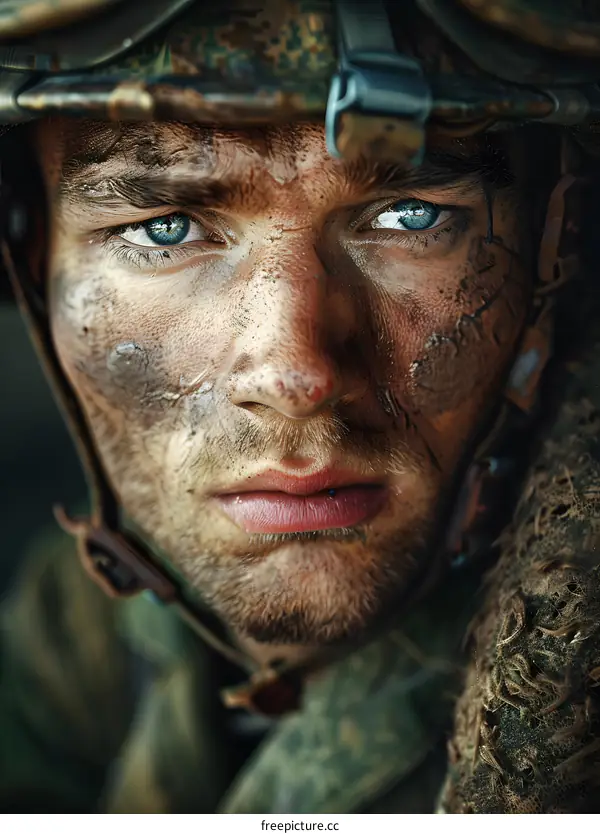 Portrait of a soldier with blue eyes