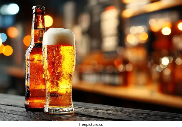 Cold Beer Bottle and Glass in Bar