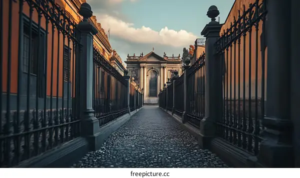 Stone Path Leading to a Church through an Iron Gate