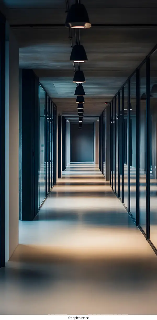 Modern Office Corridor With Glass Walls and Light Fixtures
