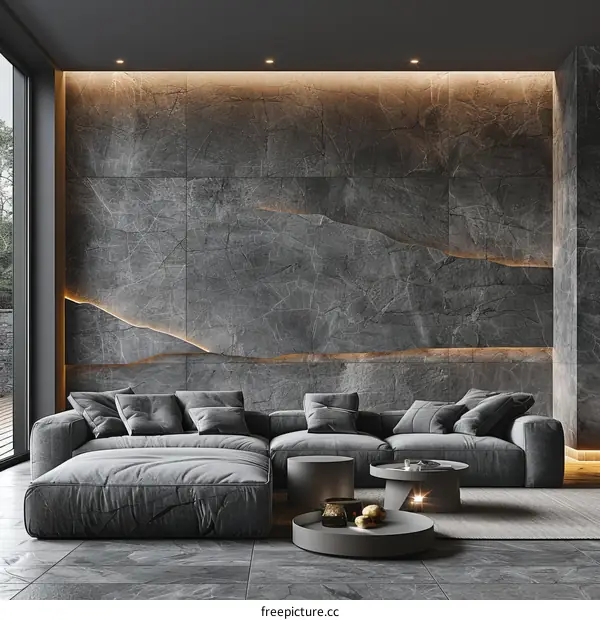 Modern minimalist dark marble wall living room interior design