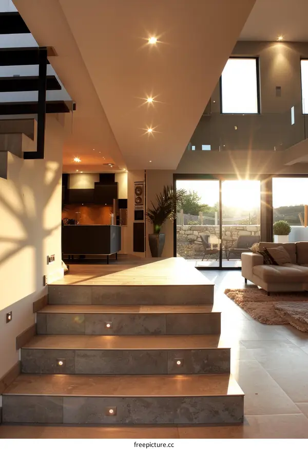 Modern Staircase with Large Windows in Luxury Home