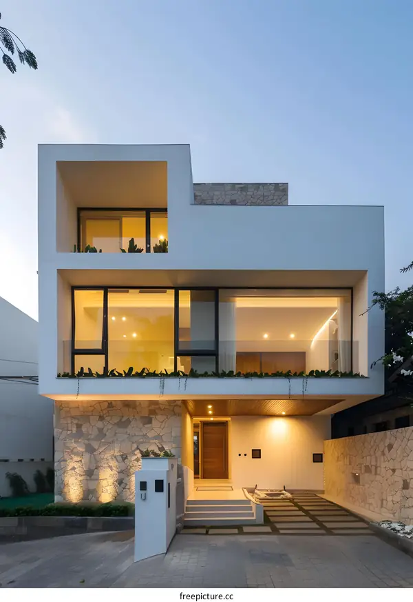 Modern House with Stone Facade and Large Windows