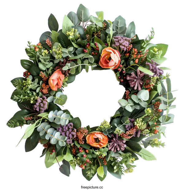 [Transparent Background PNG]Floral Wreath with Green Leaves and Pink Flowers