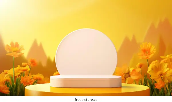 Surreal 3D Podium with Vibrant Yellow Flowers
