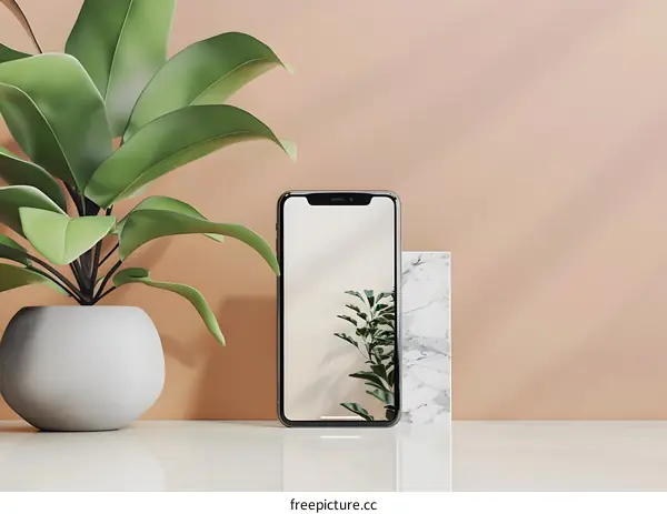 Minimalist Phone Mockup with Green Plant