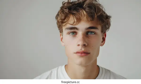 Close-up portrait of a young male model with curly hair and blue eyes
