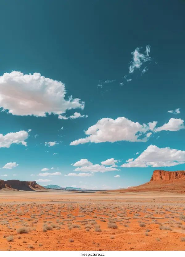 Red rock desert with white fluffy clouds and a blue sky